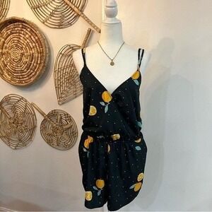 Vintage Arizona Jean Co Lemon Print Black Sleeveless V-Neck Summer Romper XXL